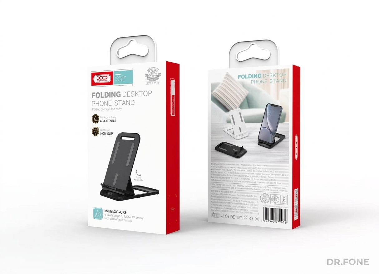 DRFONE-IMG-2503 XO C73 Folding Desktop Phone Stand, adjustable, foldable design, sturdy holder for smartphones on desks or tables