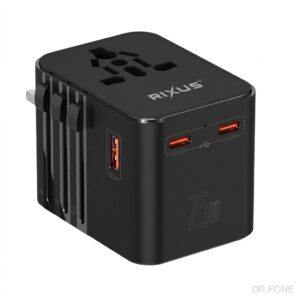 Rixus 25W GaN Universal Travel Adapter, black, with 3 USB ports and universal plug compatibility