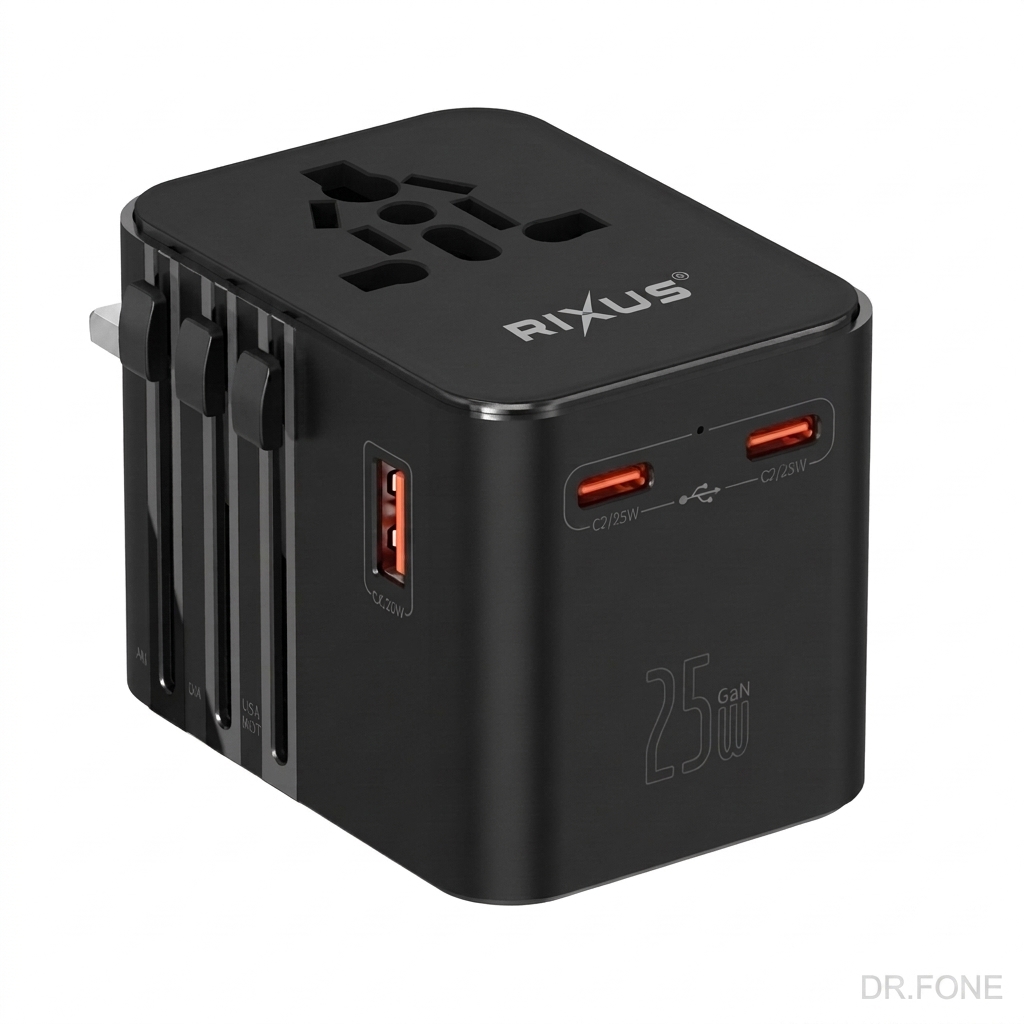 DRFONE-IMG-2324 Rixus 25W GaN Universal Travel Adapter, black, with 3 USB ports and universal plug compatibility