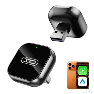 XO CZ026 ultra-compact wireless CarPlay and Android Auto adapter with sleek black finish and USB-C adapter