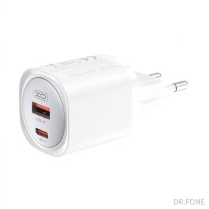 XO CE21 PD 30W wall charger in white, with USB-C and USB-A ports for fast device charging