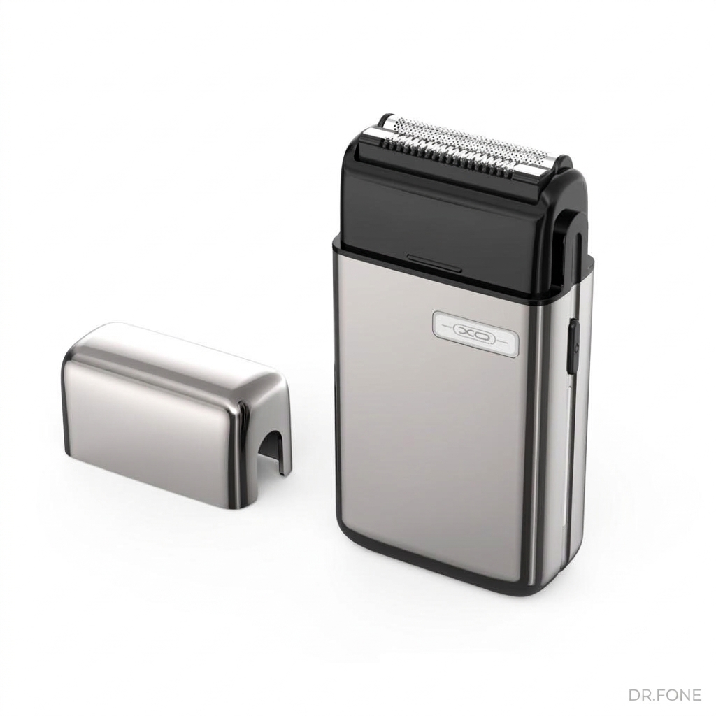 DRFONE-IMG-1967 XO CF8 Cordless Electric Foil Shaver in compact gray, travel-friendly design, dual-blade foil system, USB rechargeable
