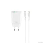 XO 30W PD Wall Charger with dual USB-C and USB ports, white, includes Lightning cable, compact EU plug design
