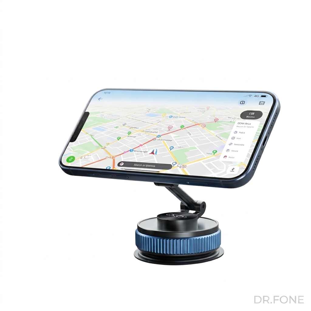 DRFONE-IMG-1 MagSafe Magnetic Car Phone Mount with rotating suction base, dual-hinge arm, and metallic black finish for secure in-car phone holding