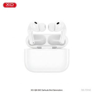 XO-Q8 2nd Gen ANC Wireless Earbuds in white with charging case, noise cancellation, Bluetooth, and ergonomic in-ear design.