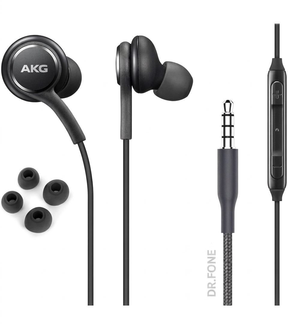 DRFONE-IMG-2495 AKG Samsung EO-IG955 black in-ear earphones with 3.5mm jack, ergonomic fit, tangle-free cable, and in-line remote
