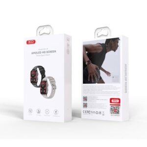 XO-J10 Smart Sport Watch in black featuring AMOLED display, fitness tracking, and notification support