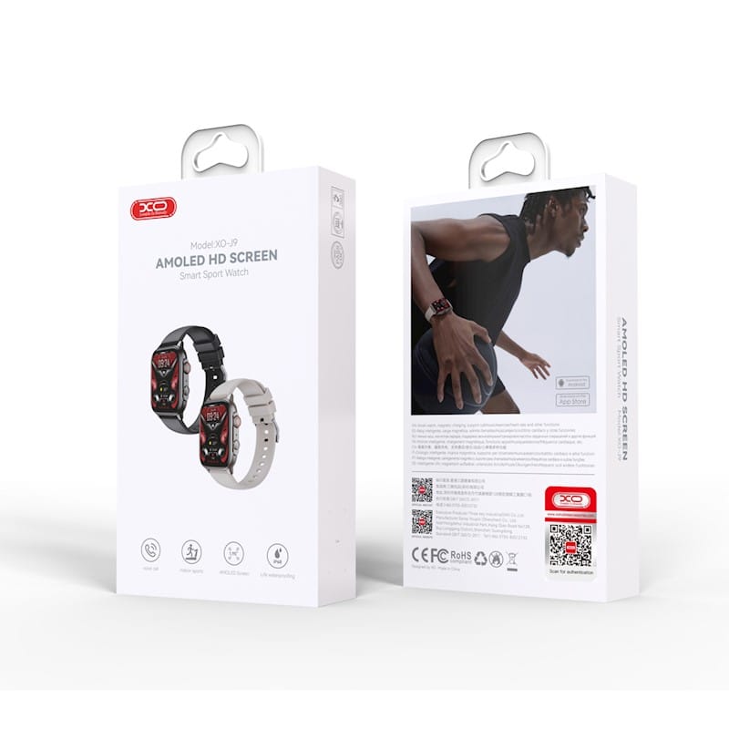 DRFONE-IMG-1 XO-J10 Smart Sport Watch in black featuring AMOLED display, fitness tracking, and notification support