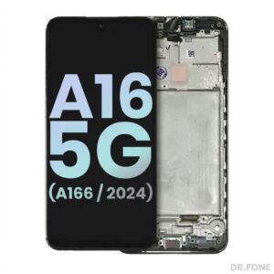 Samsung Galaxy A16 5G OLED display assembly with frame, black, 2024 model—includes screen, digitizer, and housing