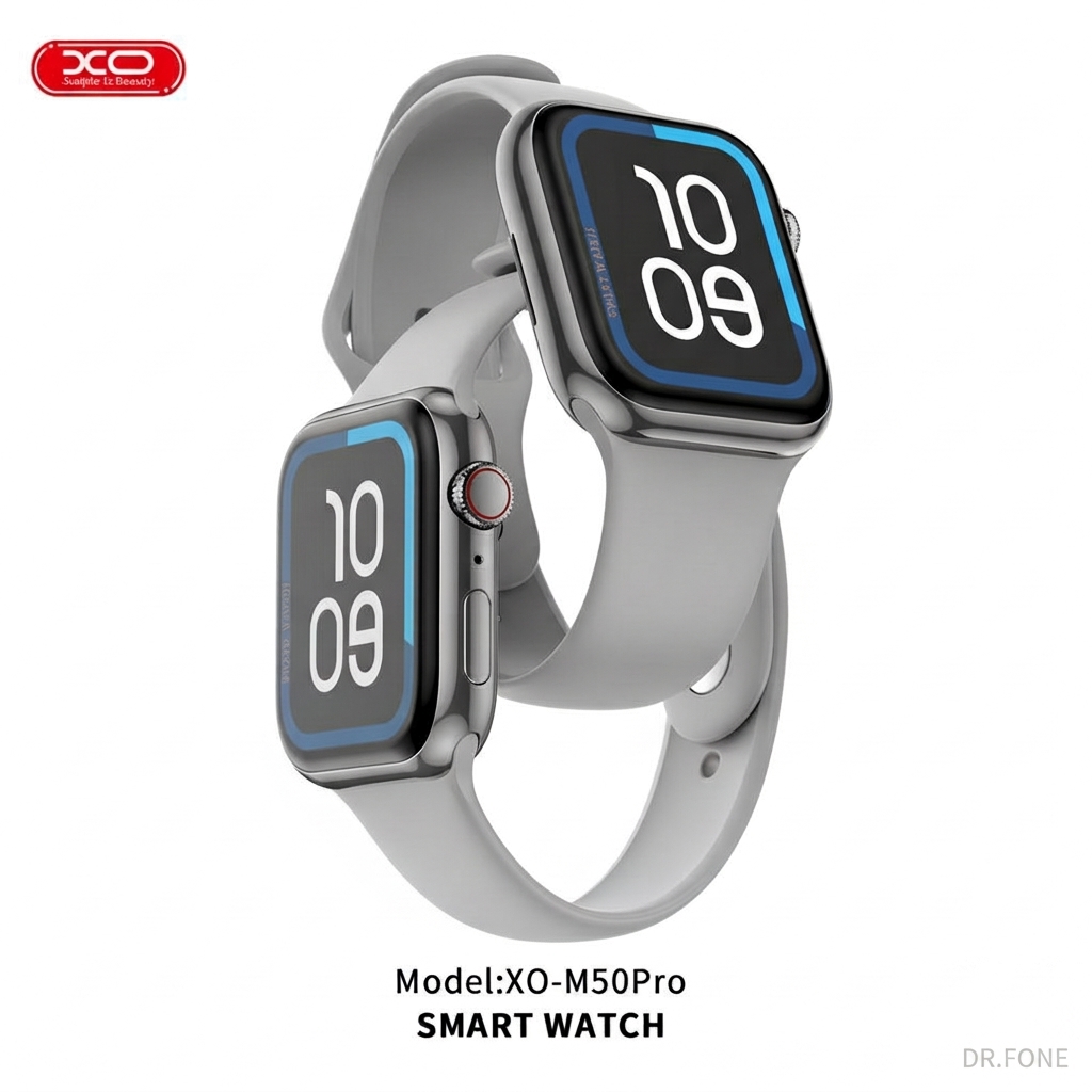 DRFONE-IMG-1 XO-M50Pro Magnetic Smart Sports Watch in silver with silicone strap, HD display, and rotating crown
