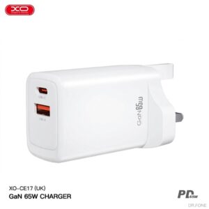 CE17 UK 65W Gallium Nitride fast charging charger with USB-C 65W and USB-A 18W ports