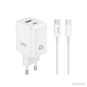 XO 45W PD Dual Port Wall Charger, USB-C & USB-A, White + Cables
