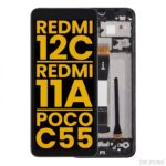 Refurbished LCD Assembly with Frame for Redmi 12C, 11A, POCO C55 in black, includes display, digitizer, and pre-installed frame.