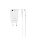 XO PD 30W Fast Wall Charger in white with USB-C and USB ports, includes cable, compact EU plug design