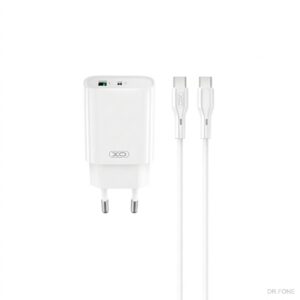 XO PD 30W Fast Wall Charger in white with USB-C and USB ports, includes cable, compact EU plug design