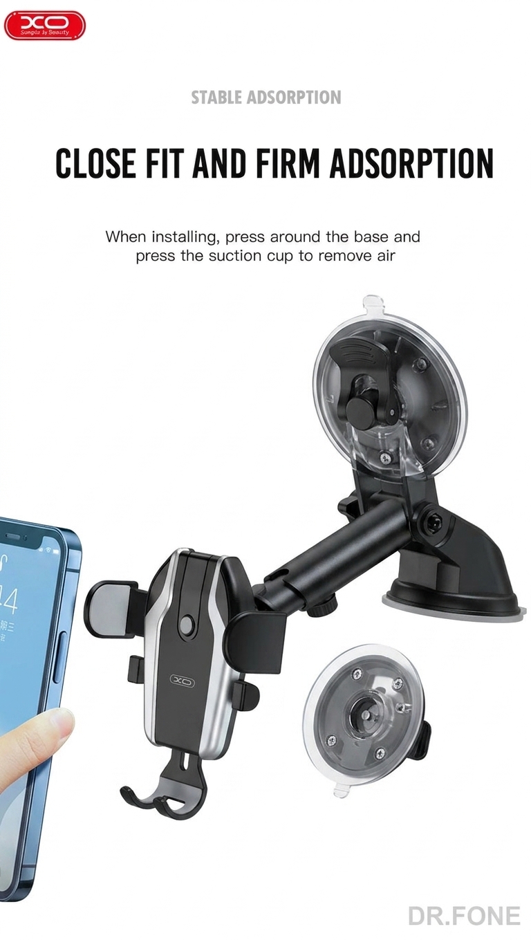 DRFONE-IMG-1 XO C77 universal car holder with suction plate for dashboard or windshield, black design