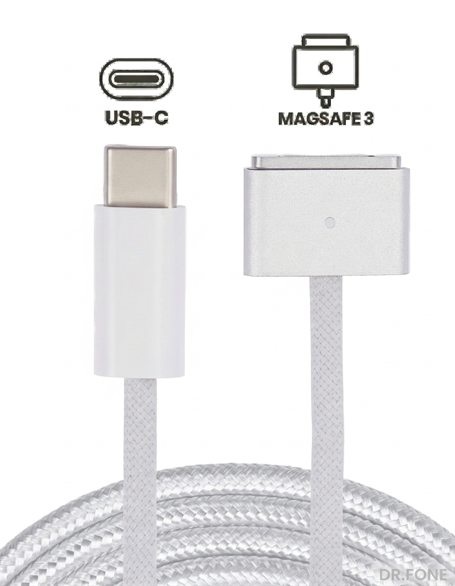 DRFONE-IMG-2657 140W USB-C to MagSafe 3 braided charging cable, 1.8m length, for MacBook Pro and Air (2021-2023), durable tangle-resistant