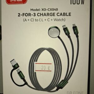 XO CX040 3-in-1 charging cable with Apple Watch magnetic charger, 100W USB-C, and 12W Apple connector in green.