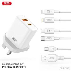 CE12 UK fast charger with 20W USB-C, 18W USB-A ports and Type-C cable, CE certified, for efficient charging