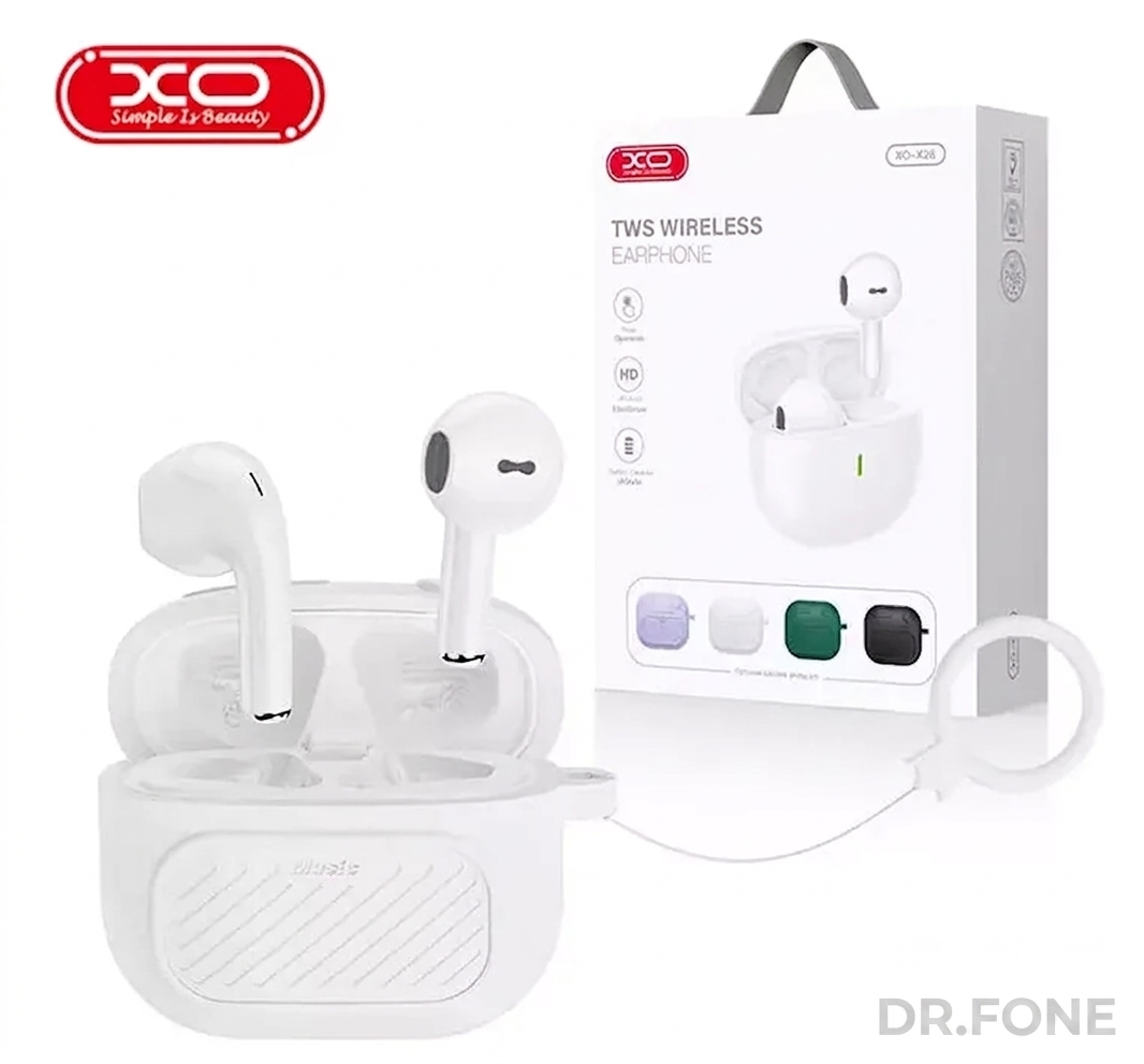 DRFONE-IMG-1 XO X26 TWS wireless earbuds in white with silicone protective case and lanyard, Bluetooth earphones