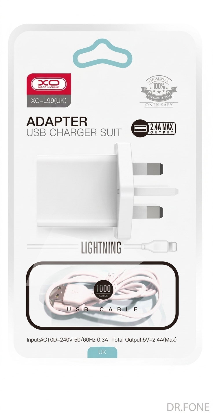 DRFONE-IMG-1 L99 (UK) 2.4A Home Charger with Lightning cable NB103, UK plug, includes compatible Lightning cable for Apple devices
