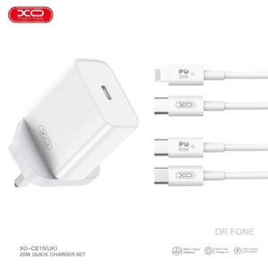 XO CE15 UK PD20W USB-C fast charging charger with Lightning cable, CE certified, for Apple devices