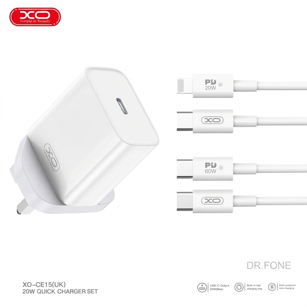 DRFONE-IMG-1 XO CE15 UK PD20W USB-C fast charging charger with Lightning cable, CE certified, for Apple devices