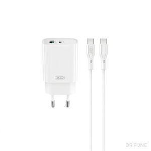 XO PD 30W Fast Wall Charger with USB-C & USB Ports + Cable - White