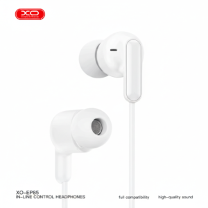 XO EP85 Wired In-Ear Headphones, white color, Lightning connector, in-line controls, compatible with iPhone and iPad