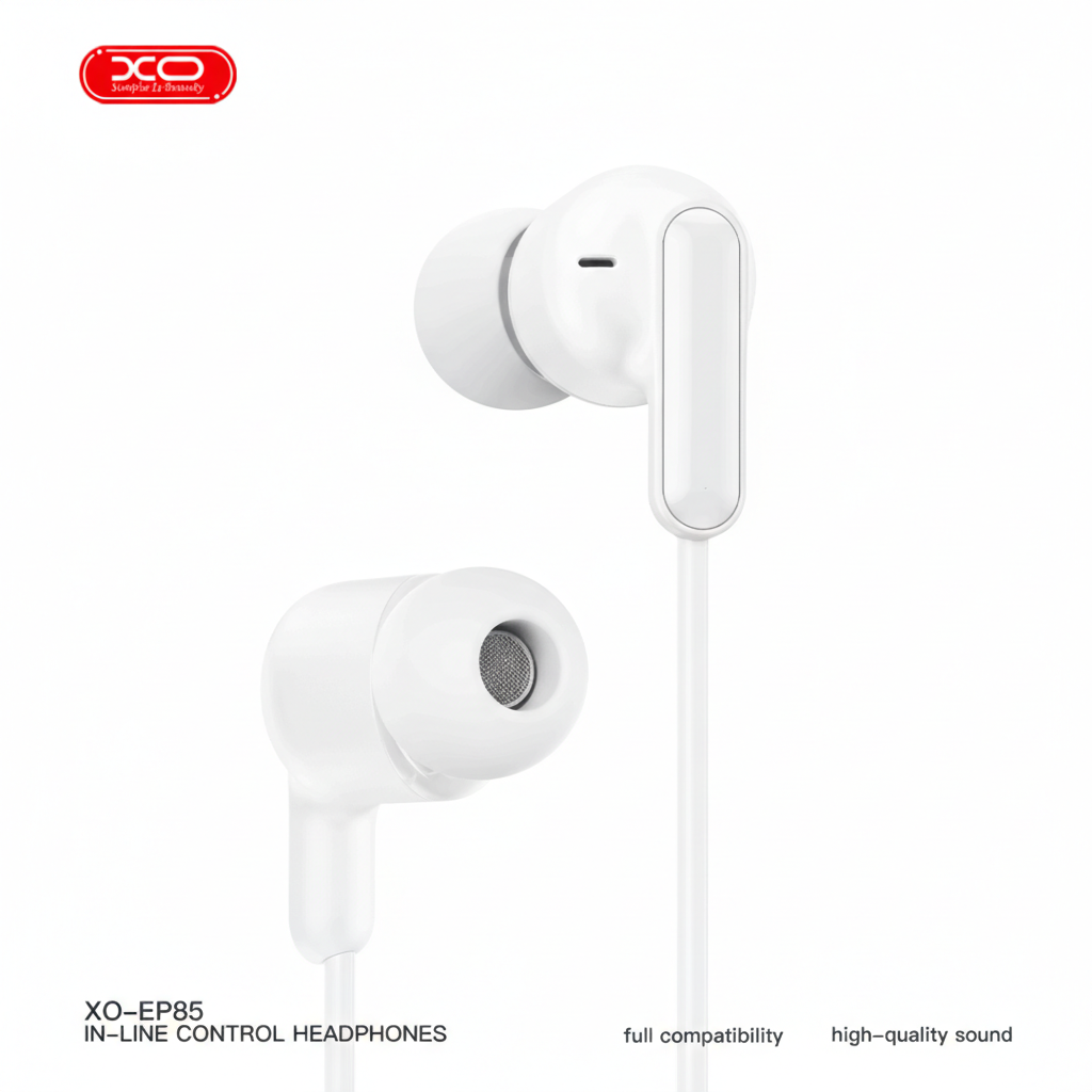 DRFONE-IMG-1 XO EP85 Wired In-Ear Headphones, white color, Lightning connector, in-line controls, compatible with iPhone and iPad