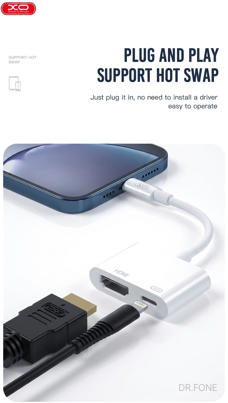 DRFONE-IMG-1 XO HUB005 Lightning to HDMI Adapter with 1080P output, compatible with iPhone and iPad