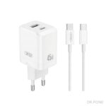 XO 45W PD Dual Port Wall Charger in White with USB-C and USB-A ports, includes USB-C to USB-C cables