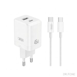XO 45W PD Dual Port Wall Charger in White with USB-C and USB-A ports, includes USB-C to USB-C cables