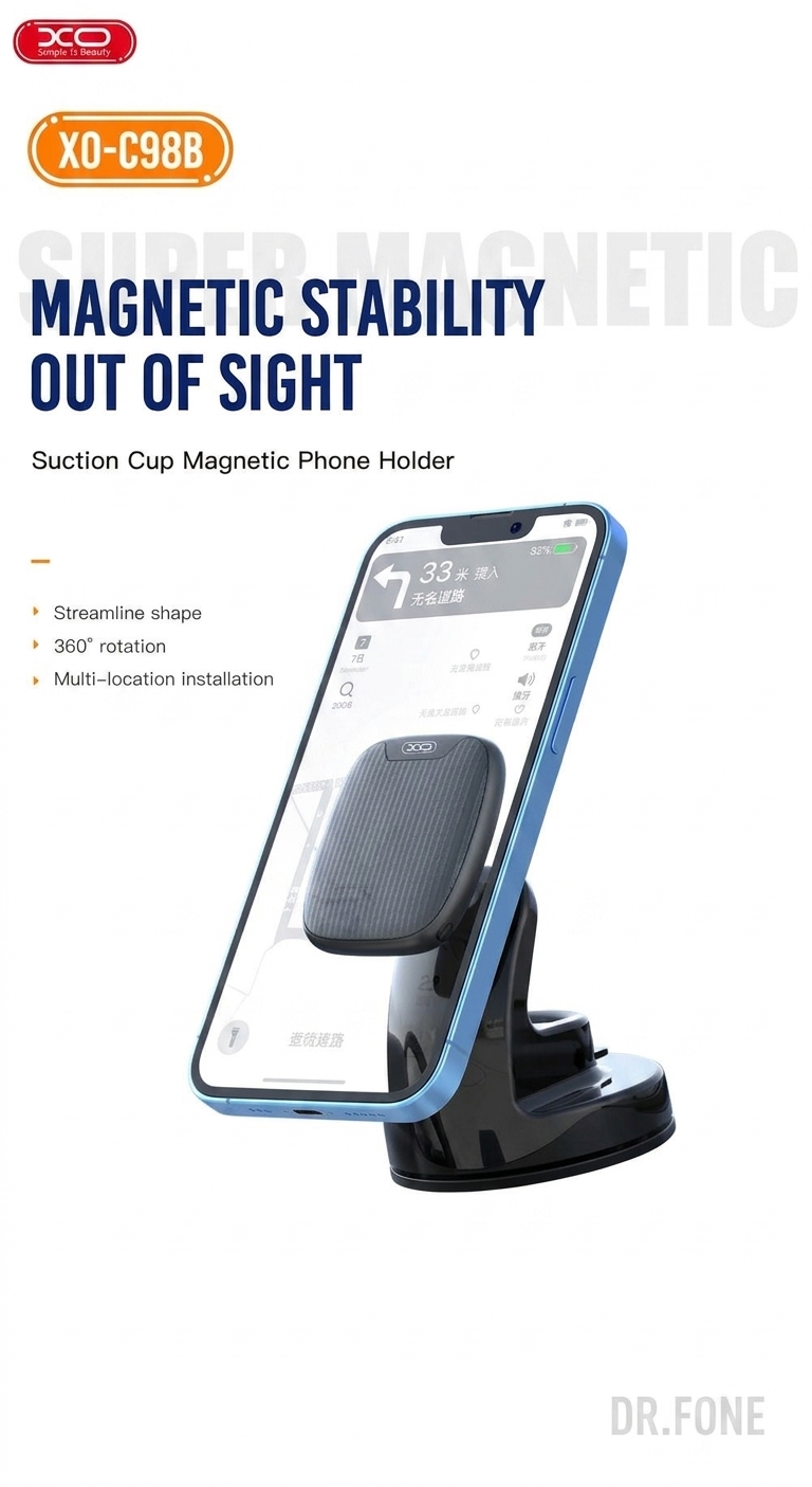DRFONE-IMG-1 XO C98B Magnetic Car Phone Holder attached to center console, universal fit for smartphones