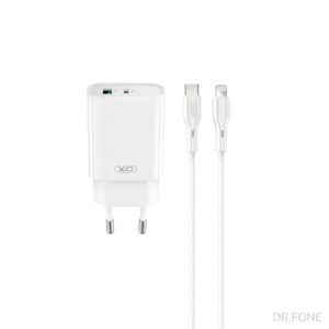 XO 30W PD Wall Charger, Dual USB-C & USB Ports + Lightning Cable, White