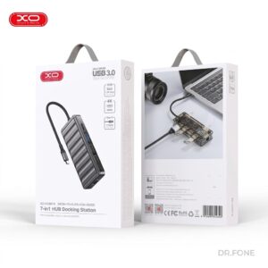 XO HUB016 7-in-1 multifunctional docking station with USB-C ports, HDMI, and SD card reader