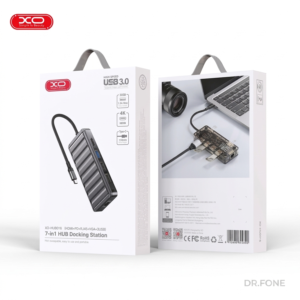 DRFONE-IMG-1 XO HUB016 7-in-1 multifunctional docking station with USB-C ports, HDMI, and SD card reader