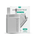 AmpSentrix 2-Port 20W USB-C and USB-A wall charger with 220V UK plug for fast device charging