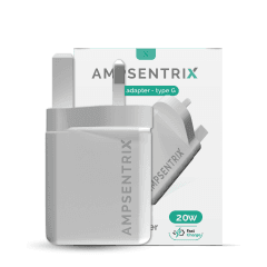 AmpSentrix 2-Port 20W USB-C and USB-A wall charger with 220V UK plug for fast device charging