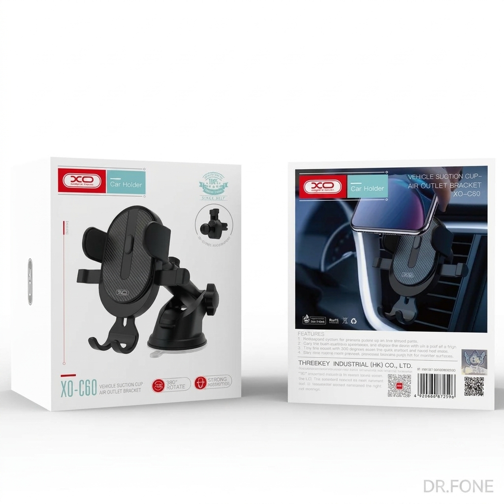 DRFONE-IMG-1 XO C60 Black Car Phone Holder Set universal mount for smartphones, sleek design, easy installation