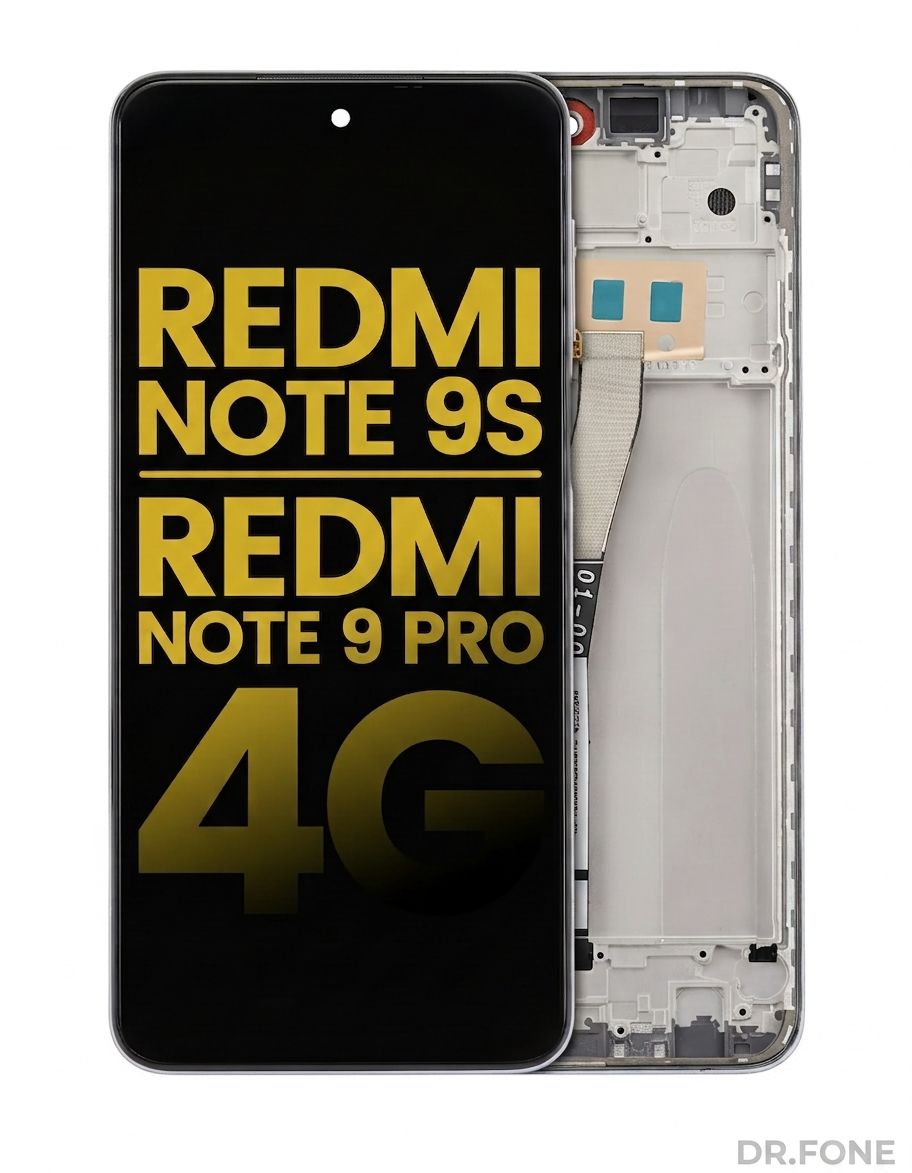 DRFONE-IMG-2244 Refurbished LCD Assembly with Frame for Xiaomi Redmi Note 9S/9 Pro 4G in Glacier White, complete screen replacement