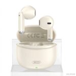 XO X33 TWS Bluetooth earphones in beige, true wireless stereo earbuds with compact charging case