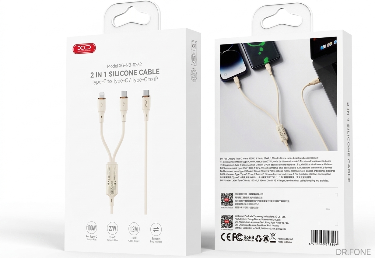 DRFONE-IMG-2645 XO NB-Q262 2-in-1 silicone cable, flexible and durable charging accessory for multiple devices