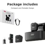 Wireless Lavalier Microphone Dual Mic set with AI noise cancelling, USB-C and Lightning connectors, portable design