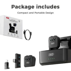Wireless Lavalier Microphone Dual Mic set with AI noise cancelling, USB-C and Lightning connectors, portable design