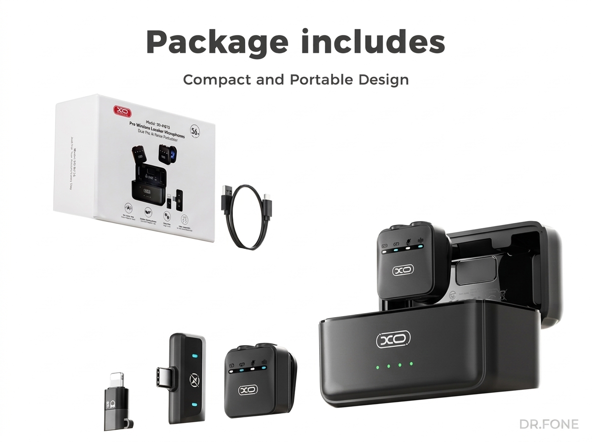 DRFONE-IMG-1 Wireless Lavalier Microphone Dual Mic set with AI noise cancelling, USB-C and Lightning connectors, portable design