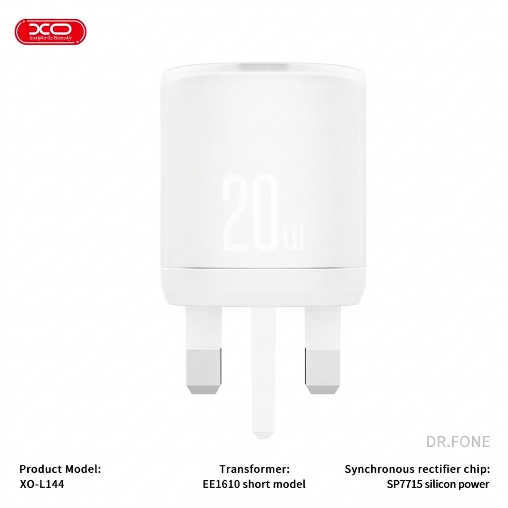 DRFONE-IMG-1941 L144(UK) PD20W Fast Charger with 1 USB-A and 1 USB-C port, UK plug, for fast device charging