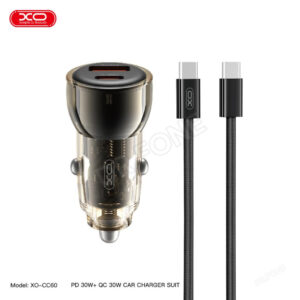 XO CC60 Smart Transparent Car Charger A30+C30 Simultaneous 60W+USB-C Data Cable Set Car Charger - Black