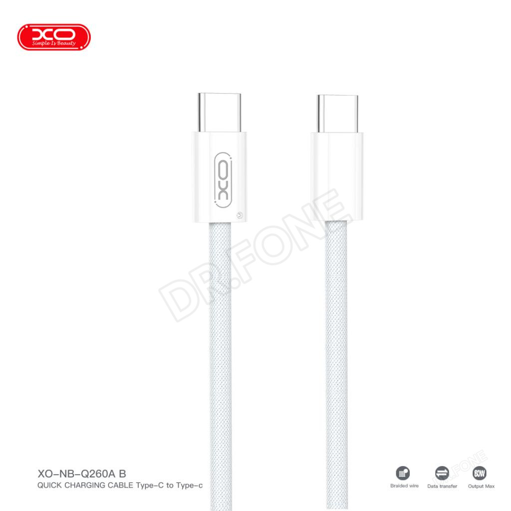 6975837583795 XO NB-Q260C USB-C to USB-C 60W 3m braided data cable - White - Image 1