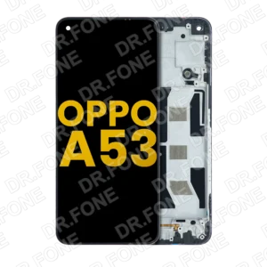 Refurbished LCD screen assembly with frame replacement for OPPO A53 5G mobile phone repair at DR.FONE Cyprus